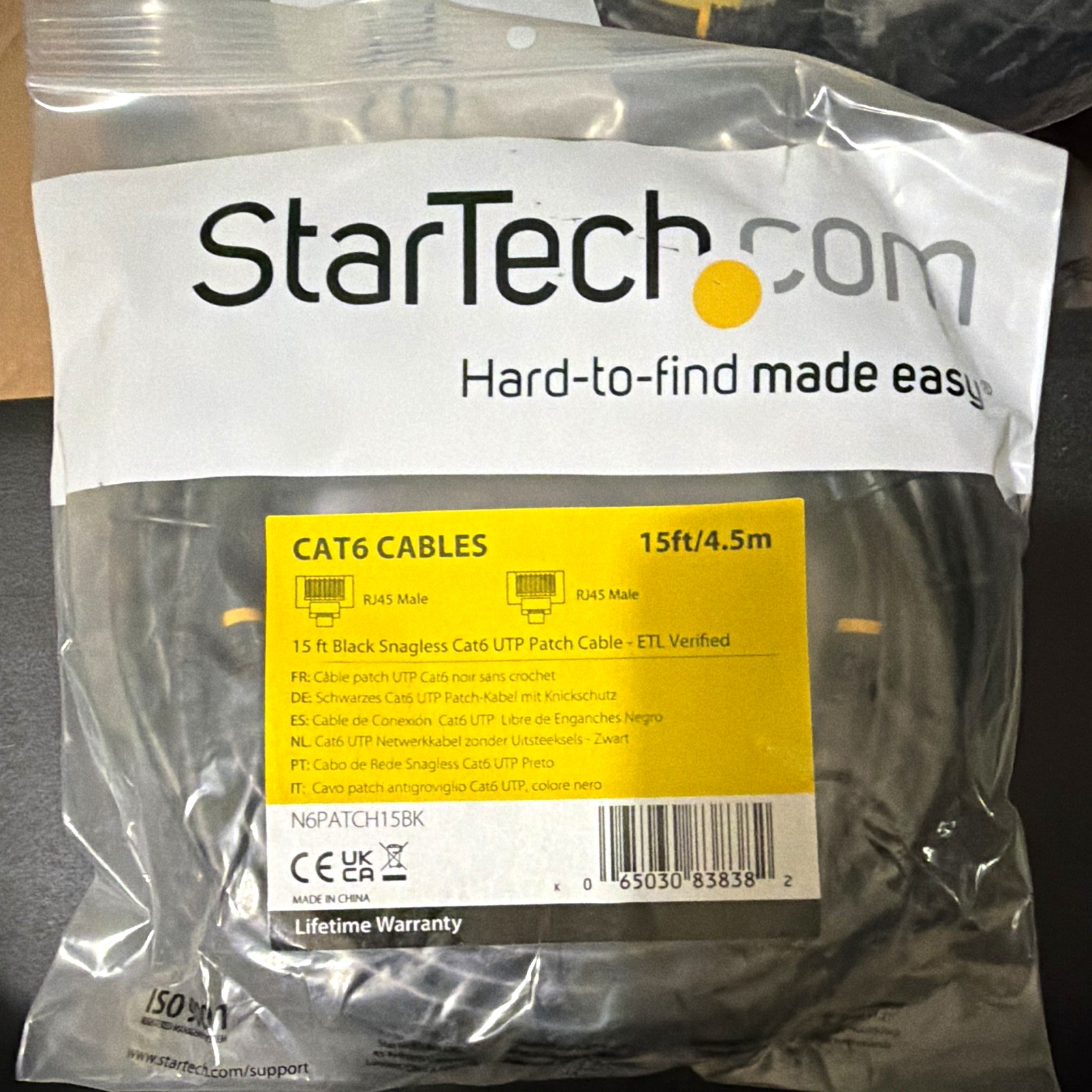 StarTech.com Cat6 15 ft Snagless Black Ethernet Patch Cable RJ-45 Male to Male
