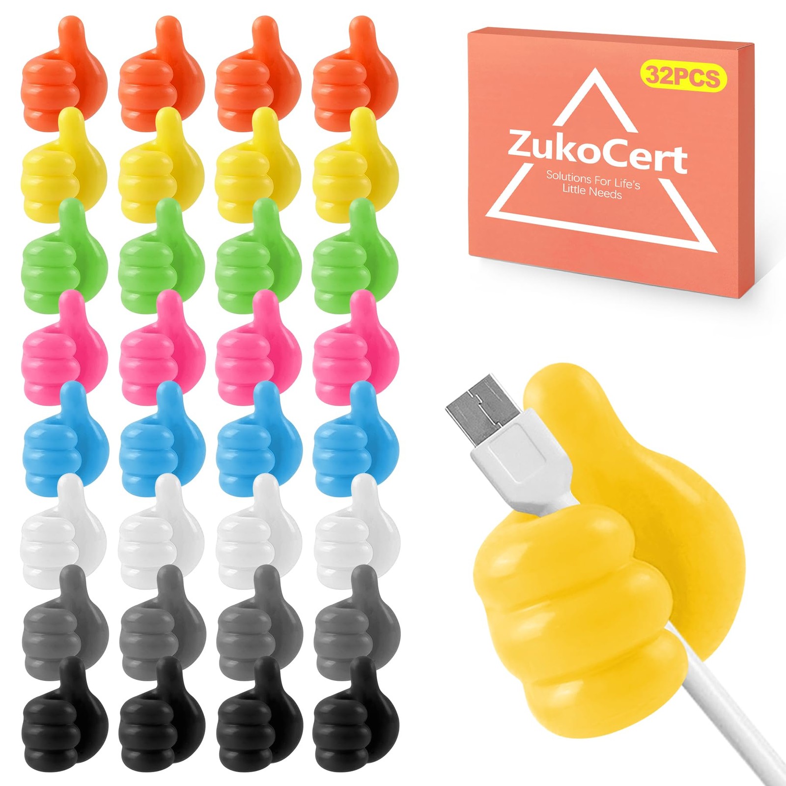32-Pack Thumbs-Up Self-Adhesive Silicone Cable Organizer Hooks