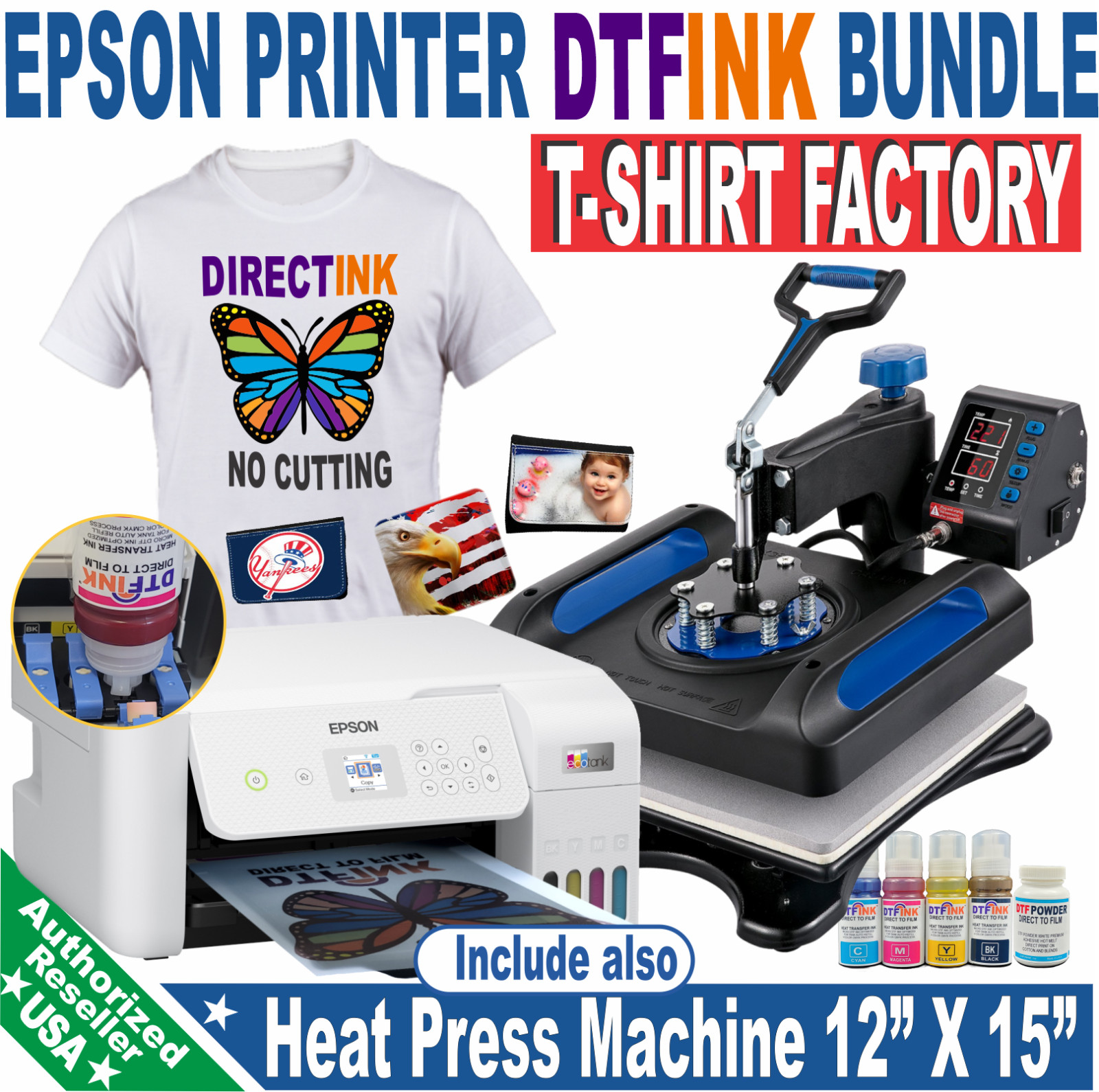 Epson Printer with DTF ink Heat Press Machine 12X15 T-Shirt Maker Bundle
