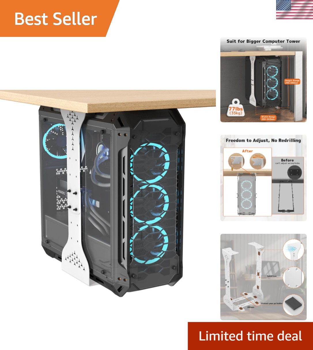 Heavy-Duty Under Desk PC Tower Stand - 77 lb Capacity with Protective Mats