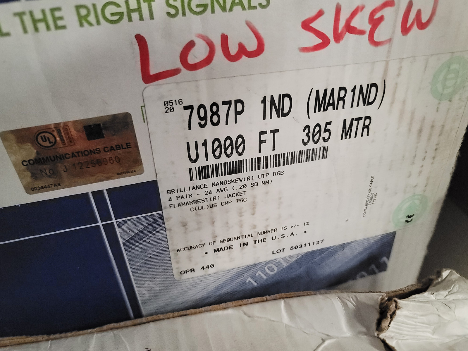Belden 7987P NanoSkew 4-Pair UTP Cable for RGB Video 1000FEET - LOT of 5 Boxes