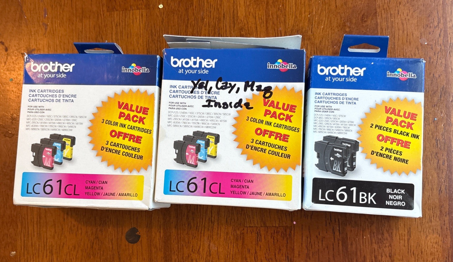 Set of 3 Genuine Brother LC61CL & LC61BK Color Ink Cartridges BCMY Expired