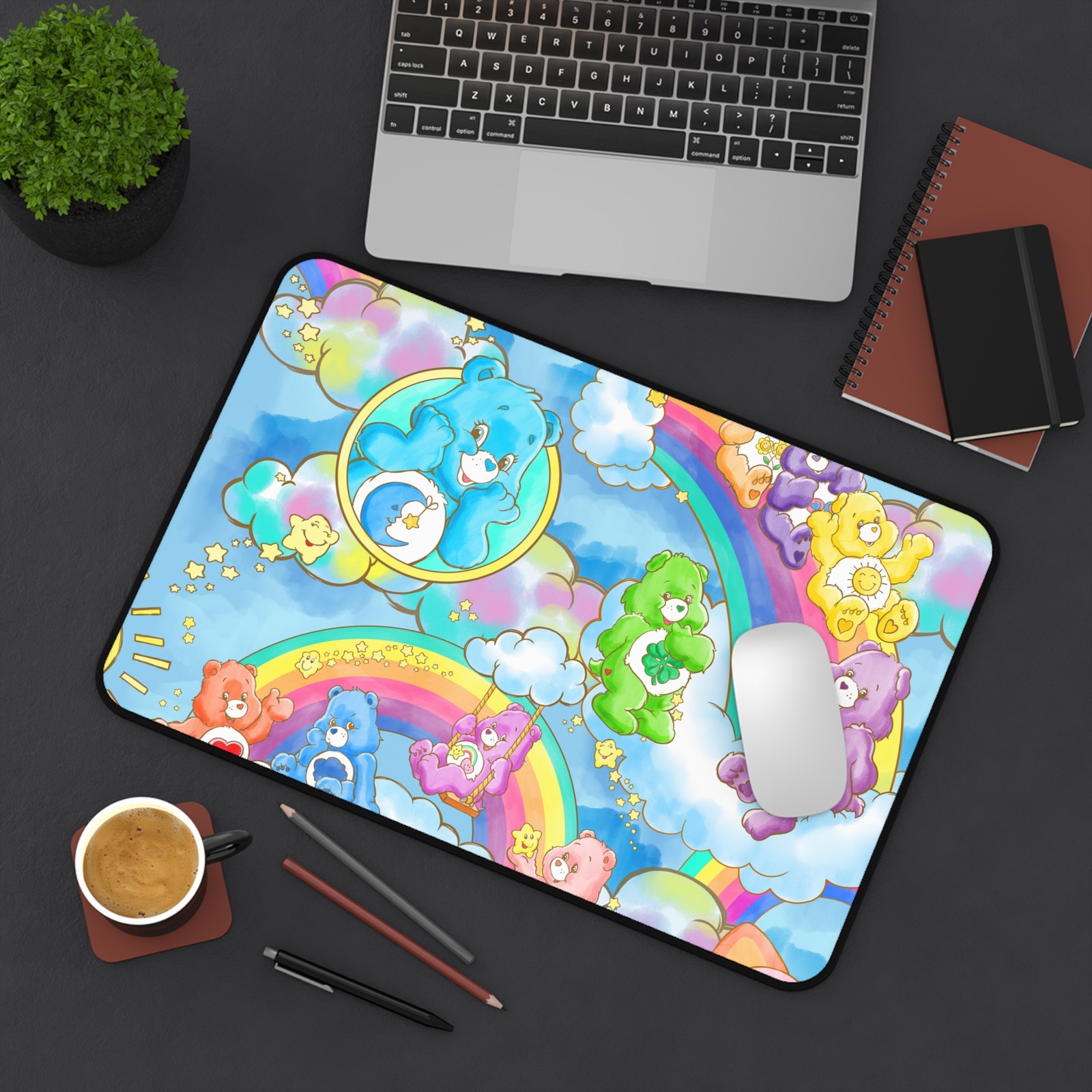 Rainbow Care Bears Desk Mat | Cute Cloud Pattern, Playful Pastel Mouse Pad
