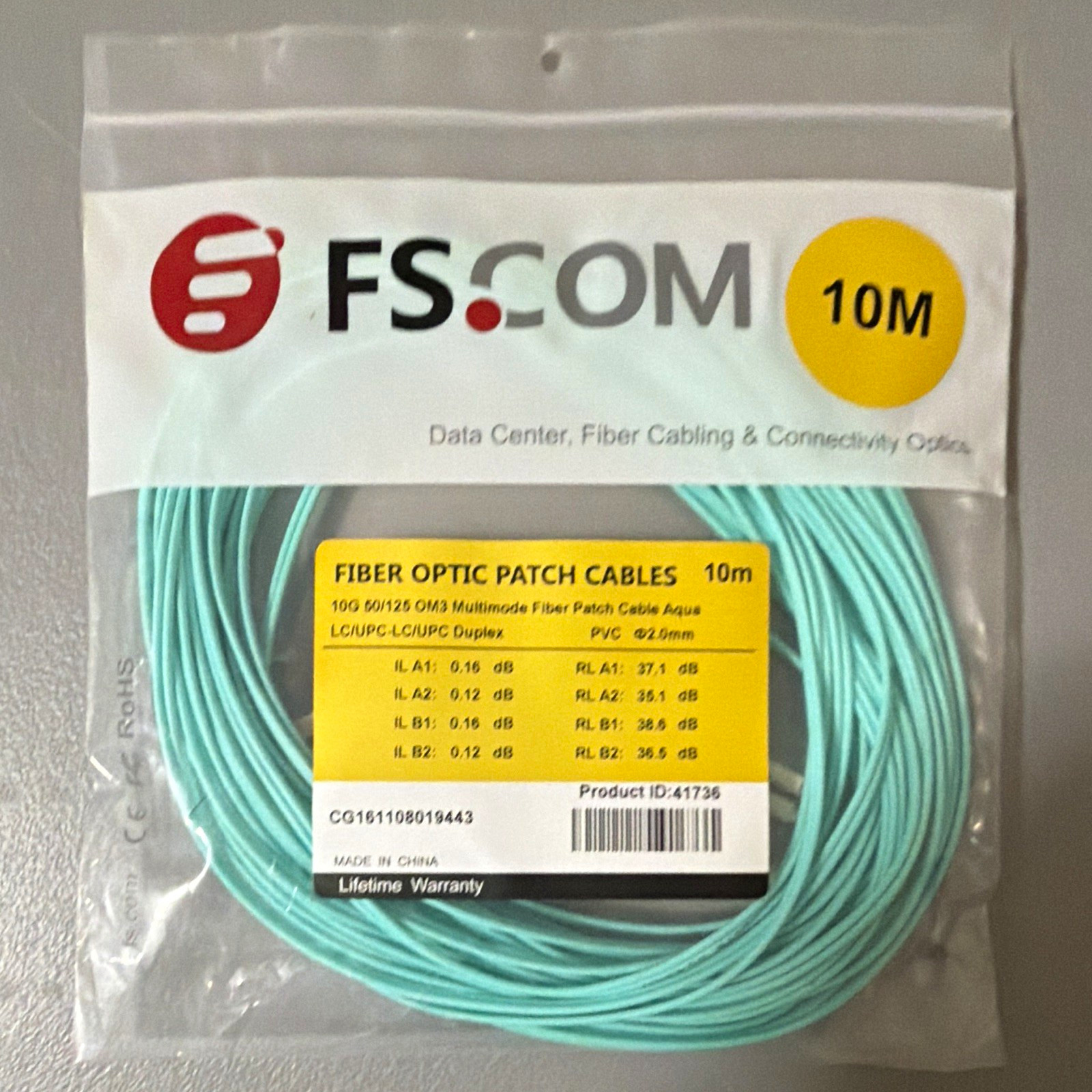 FS.COM OM3 Multimode Duplex Fiber Patch Cable LC/UPC-LC/UPC 10m Aqua 41736 A4