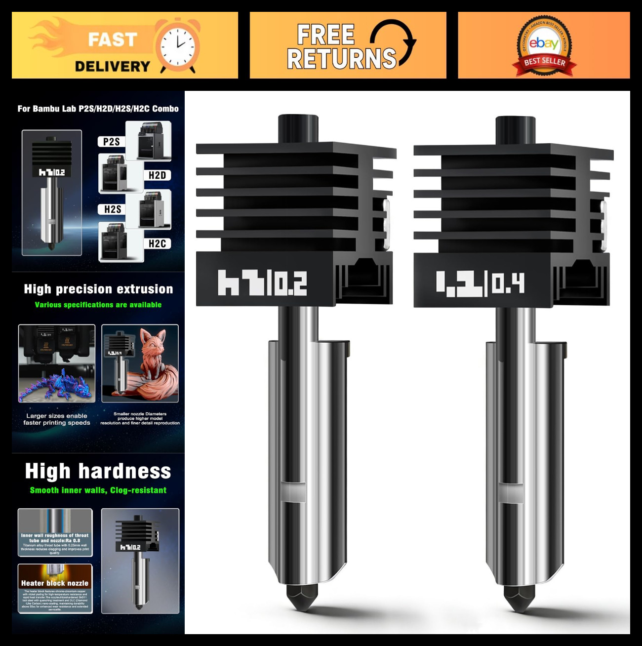 2Pcs All-Metal 3D Printer Hotend Kit, 500℃ Extruder, Hardened Steel Nozzle, Repl