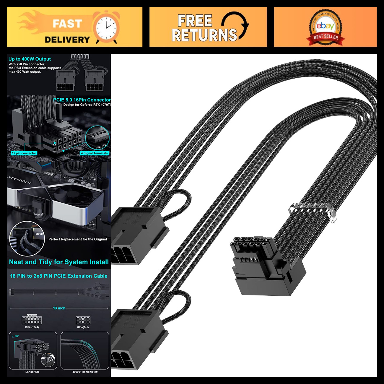 16Pin GPU Power Adapter Cable 90° Right Angle, PCIE 5.0 16Pin to 2x8Pin, 12VHPWR