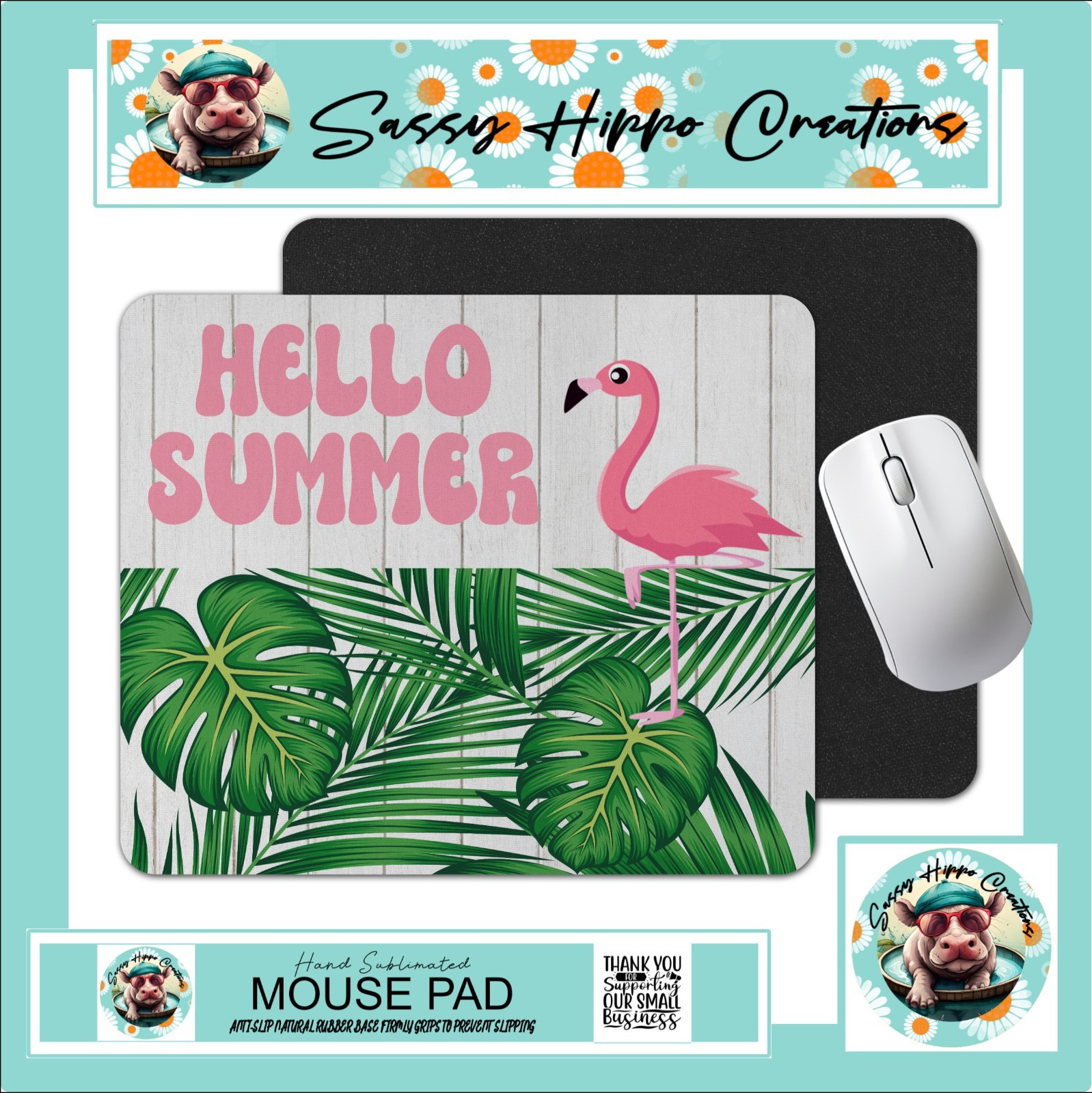 Mouse Pad Flamingo Hello Summer Tropical Plant Anti Slip Back Easy Clean Durable
