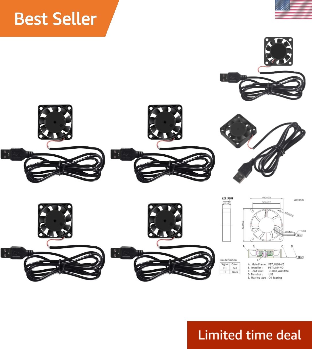 4 Pack USB Brushless Cooling Fan – High Performance 40mm, 4200 RPM, Quiet 22 dBA