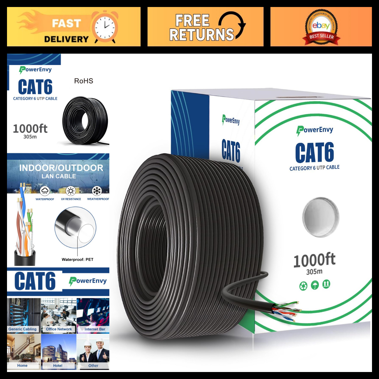High-Speed Cat6 Ethernet Cable 1000ft - 10Gbps, Outdoor Rated, 550MHz, Tangle-Fr