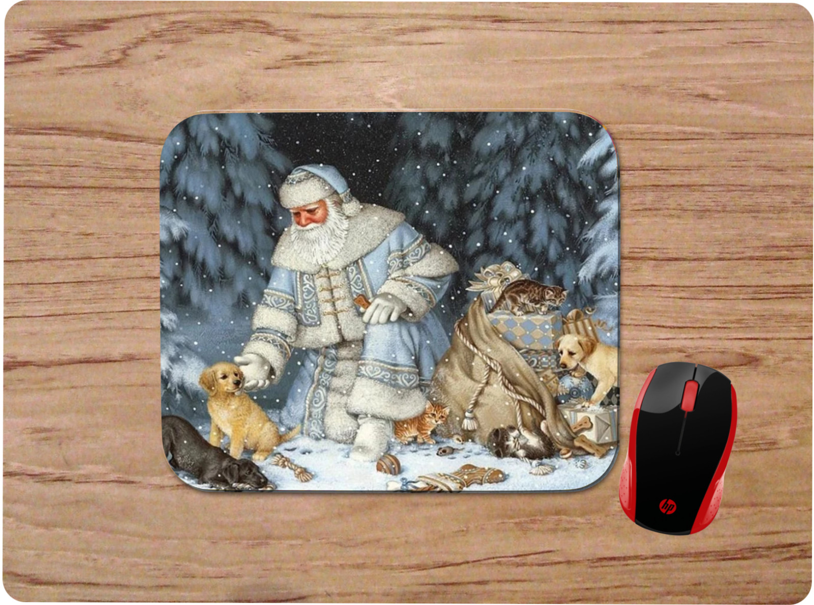 BLUE SANTA PUPPIES KITTENS WINTER FOREST SCENE ART CUSTOM MOUSE PAD DESK MAT