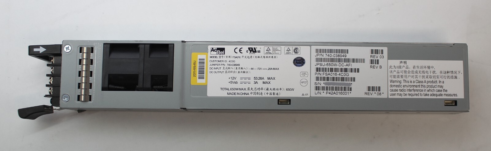 Juniper QFX5100 JPSU-650W-DC-AFI 740-038949  DC power supply FSA016-4C0G