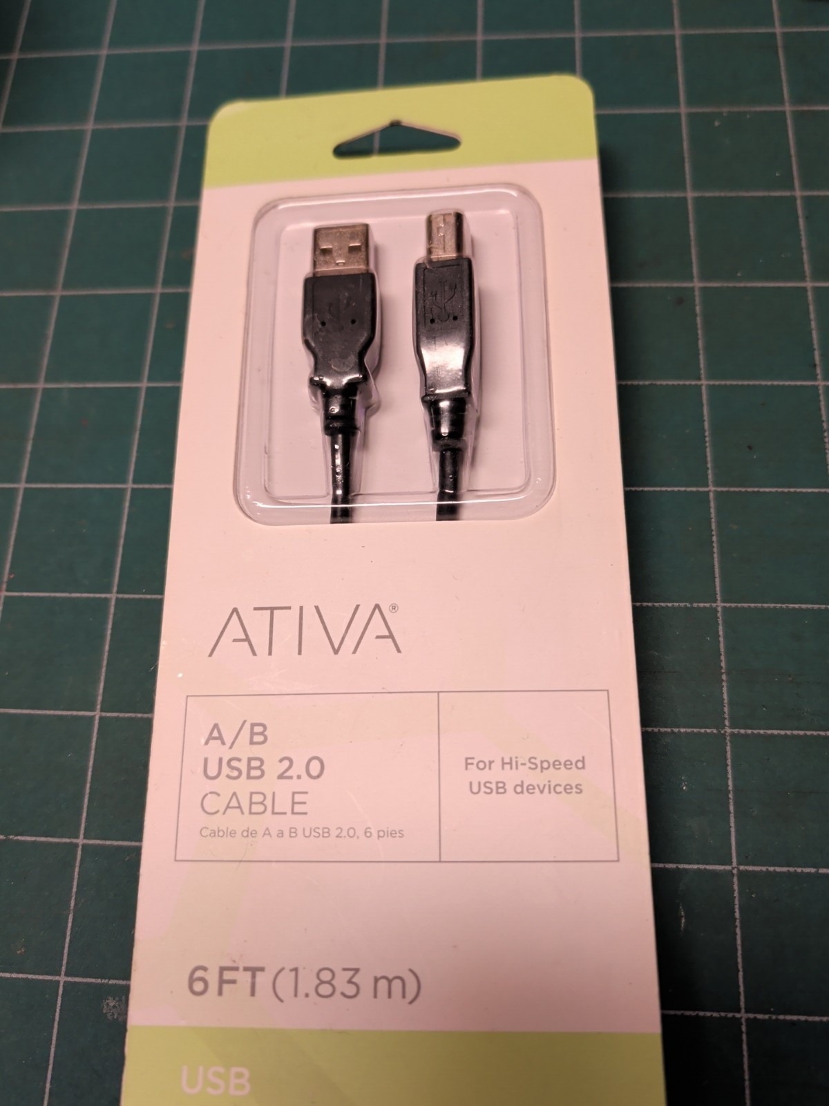 2.0 A/B Cable USB 2.0, 6 Ft. - New In Package, Ativa Sealed, Item 828-620