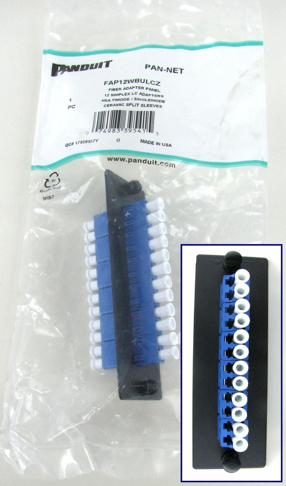 Panduit FAP12WBULCZ Fiber Panel w/12 LC Singlemode OS1/OS2 Adapters Blue ~STSI