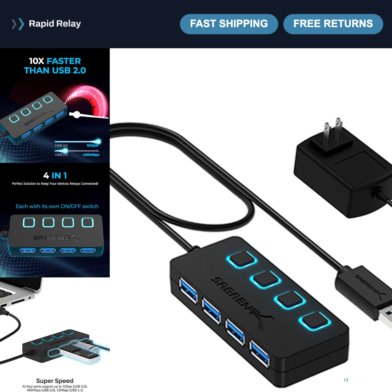 4-Port Powered USB 3.0 Hub with LED Power Switches - Fast Data Transfer, Compact