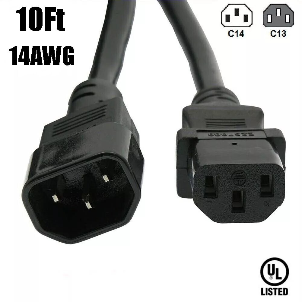 10FT 14AWG Power Cord Extension C13 to C14 IEC 320 3Prong 14/3 Cable 125V 15A UL