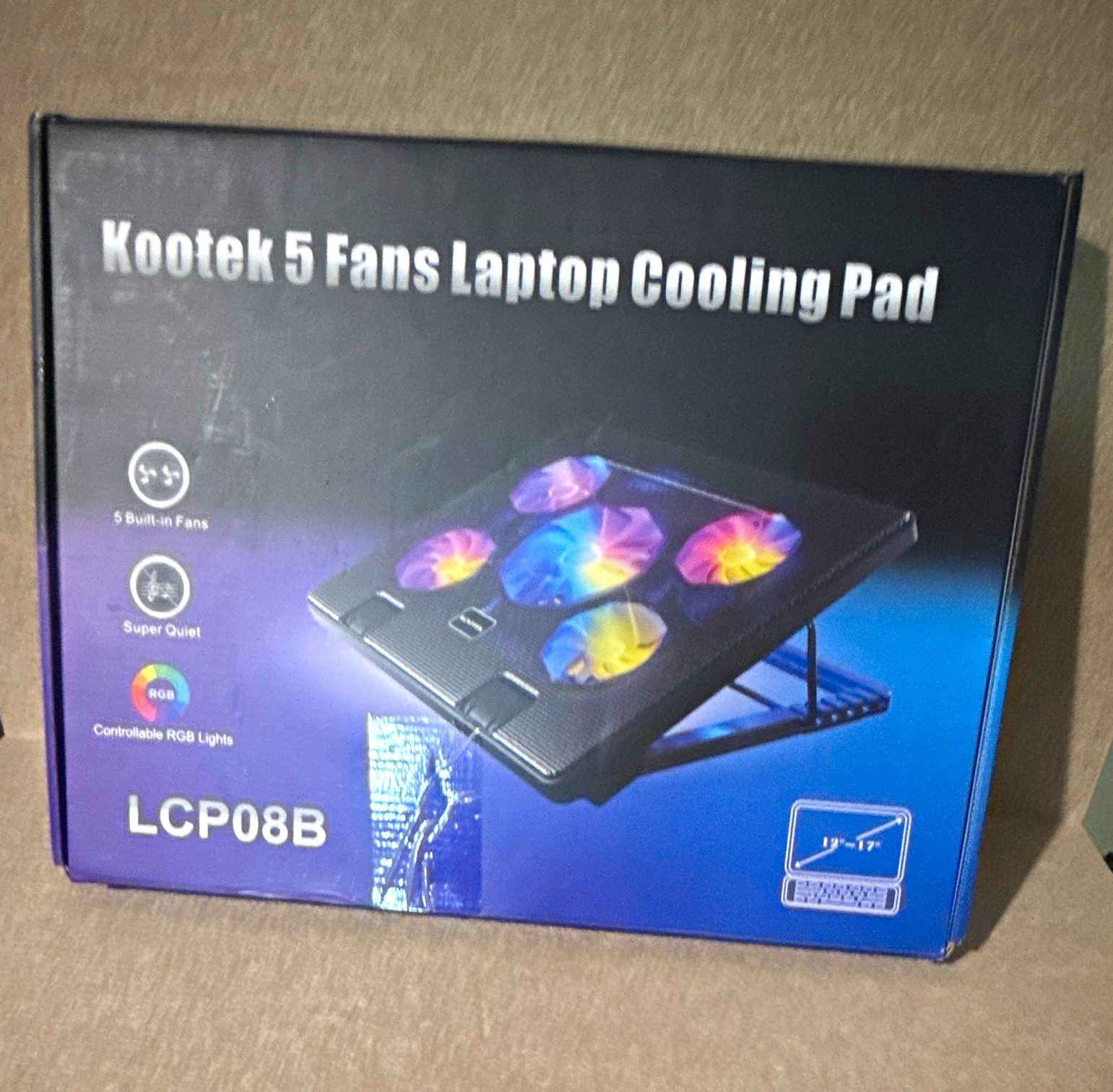 Kootek LCP08B 5-Fan RGB USB Laptop Cooling Pad, Adjustable Stand, Black