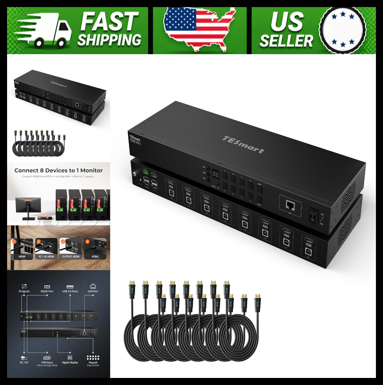 TESmart 8-Port HDMI KVM Switch 4K USB Rackmount with Cables