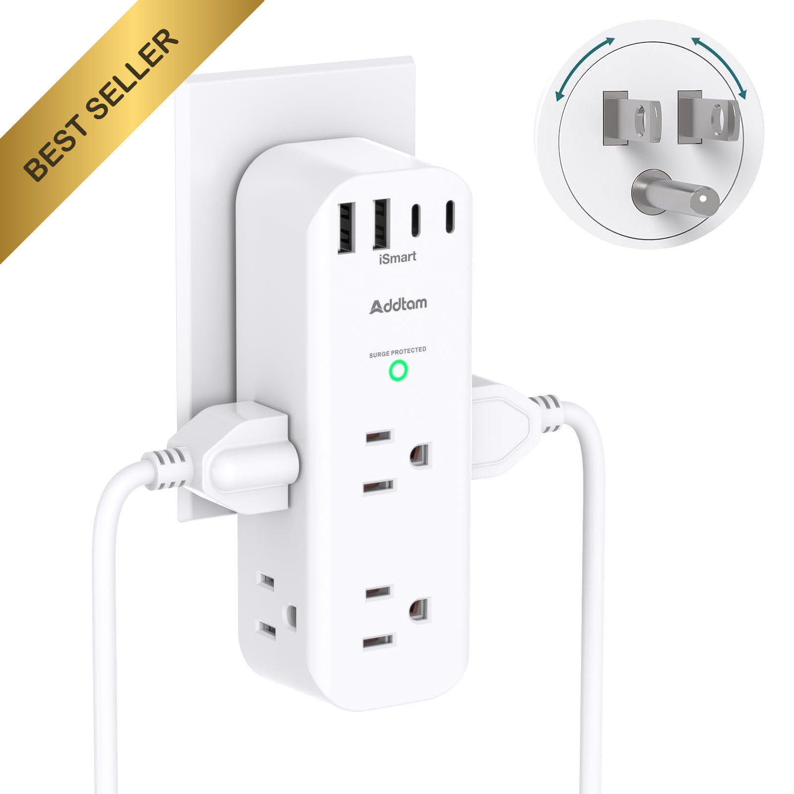 Surge Protector Wall Outlet Extender Multi Plug Outlet Rotating Plug Adapter