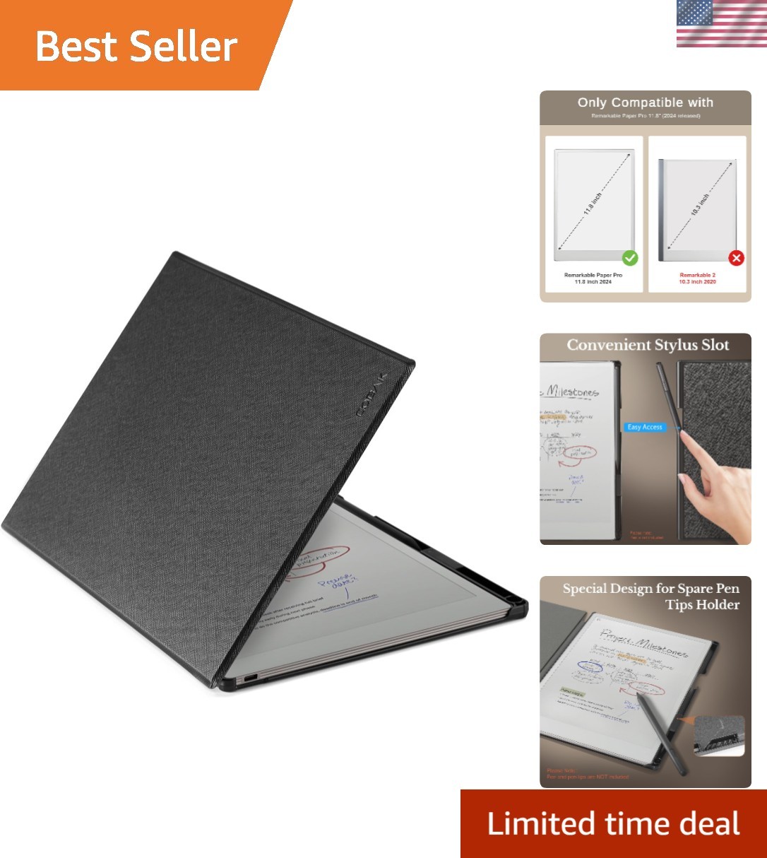 Luxurious Black Case for Remarkable Paper Pro 11.8" 2024 - Pen Holder Included