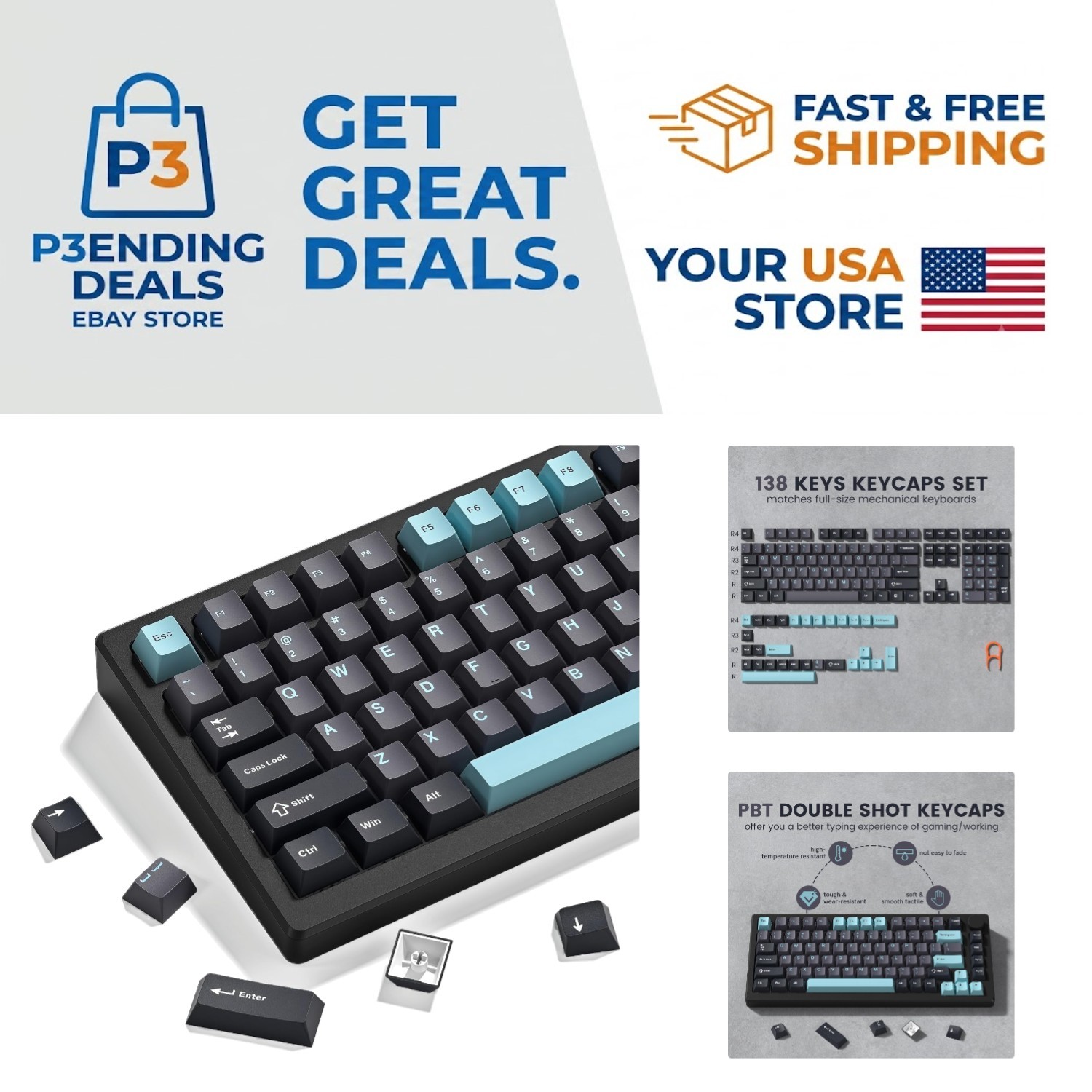 Custom Double Shot PBT Keycaps - 138 Keys for Mechanical Keyboards - Grey/Blue