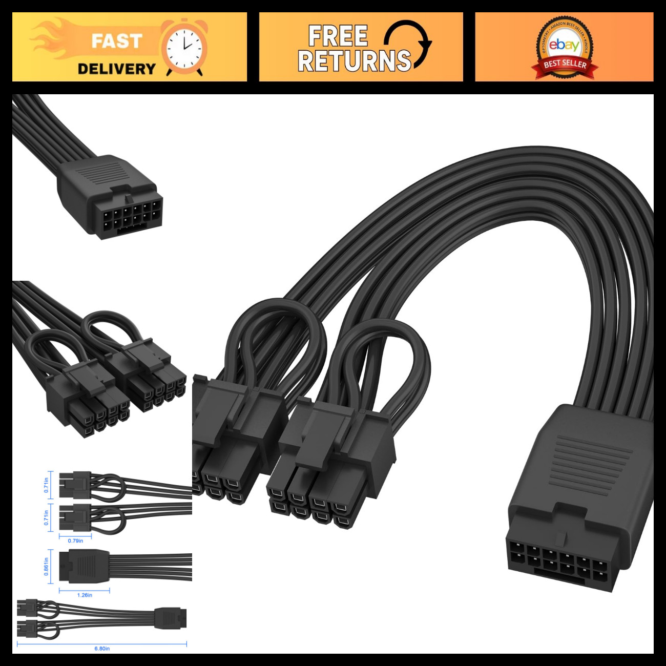 12VHPWR 16 Pin to Dual PCIe 8 Pin GPU Power Cable Extension, 6.8in PSU Adapter