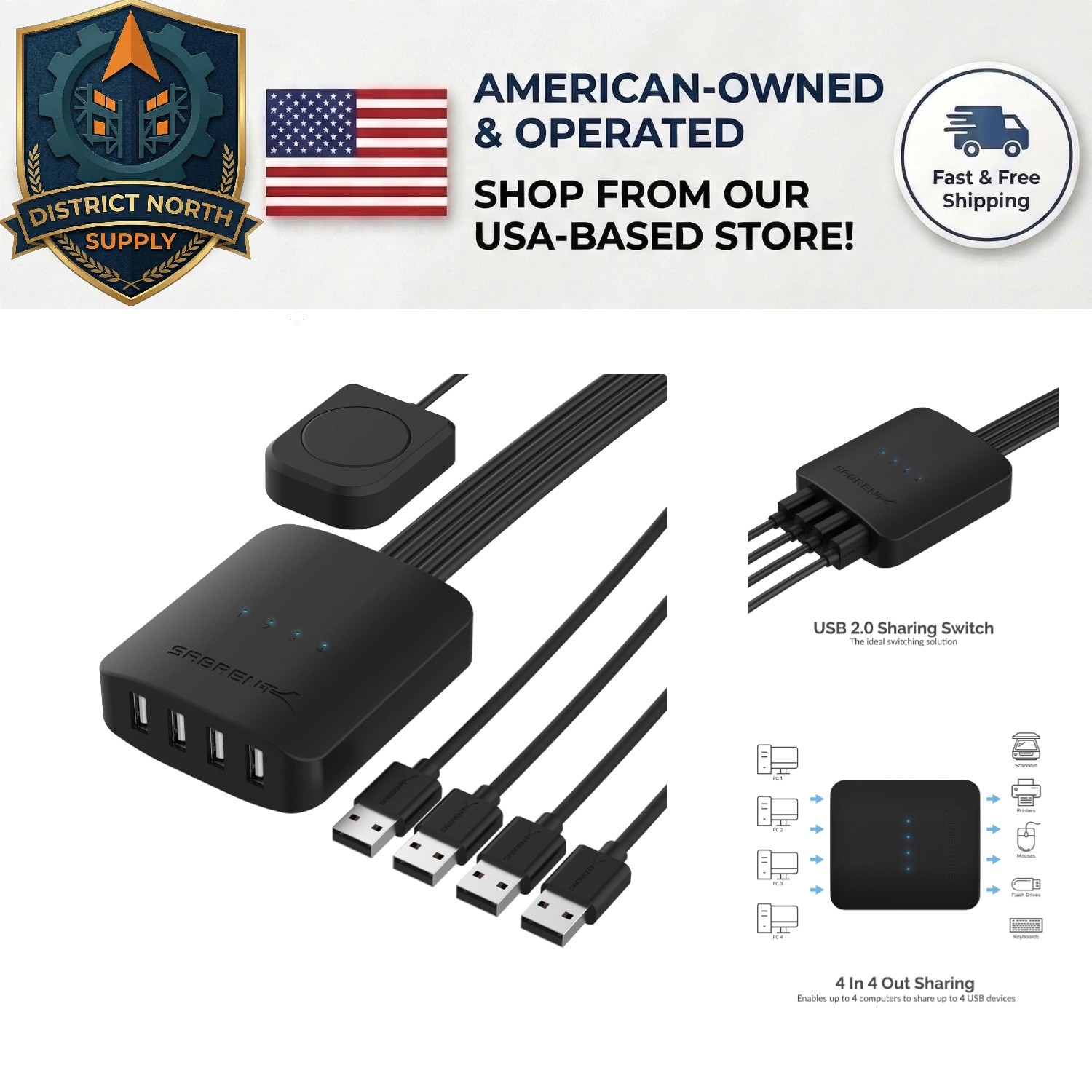 USB 2.0 4-Port Sharing Switch with LED Lights - Perfect for Multiple Computers