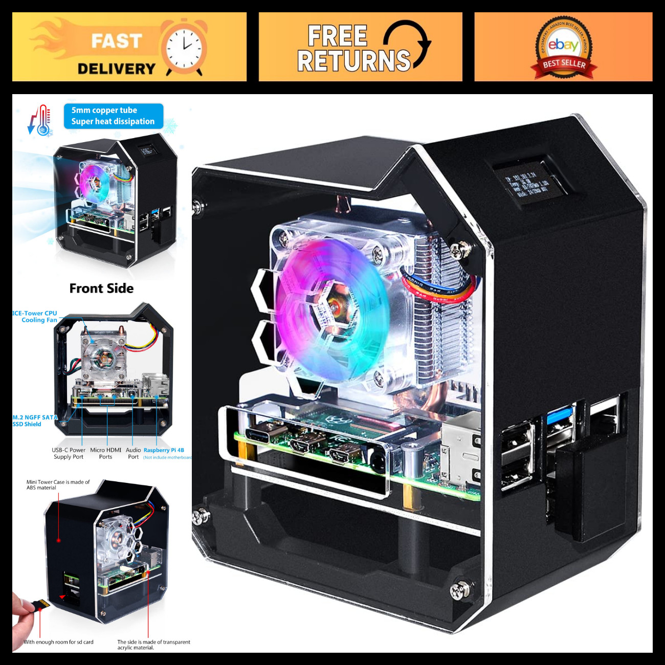 Mini Tower NAS Kit for Raspberry Pi 4, PWM RGB Fan, M.2 SATA SSD Expansion, GPIO