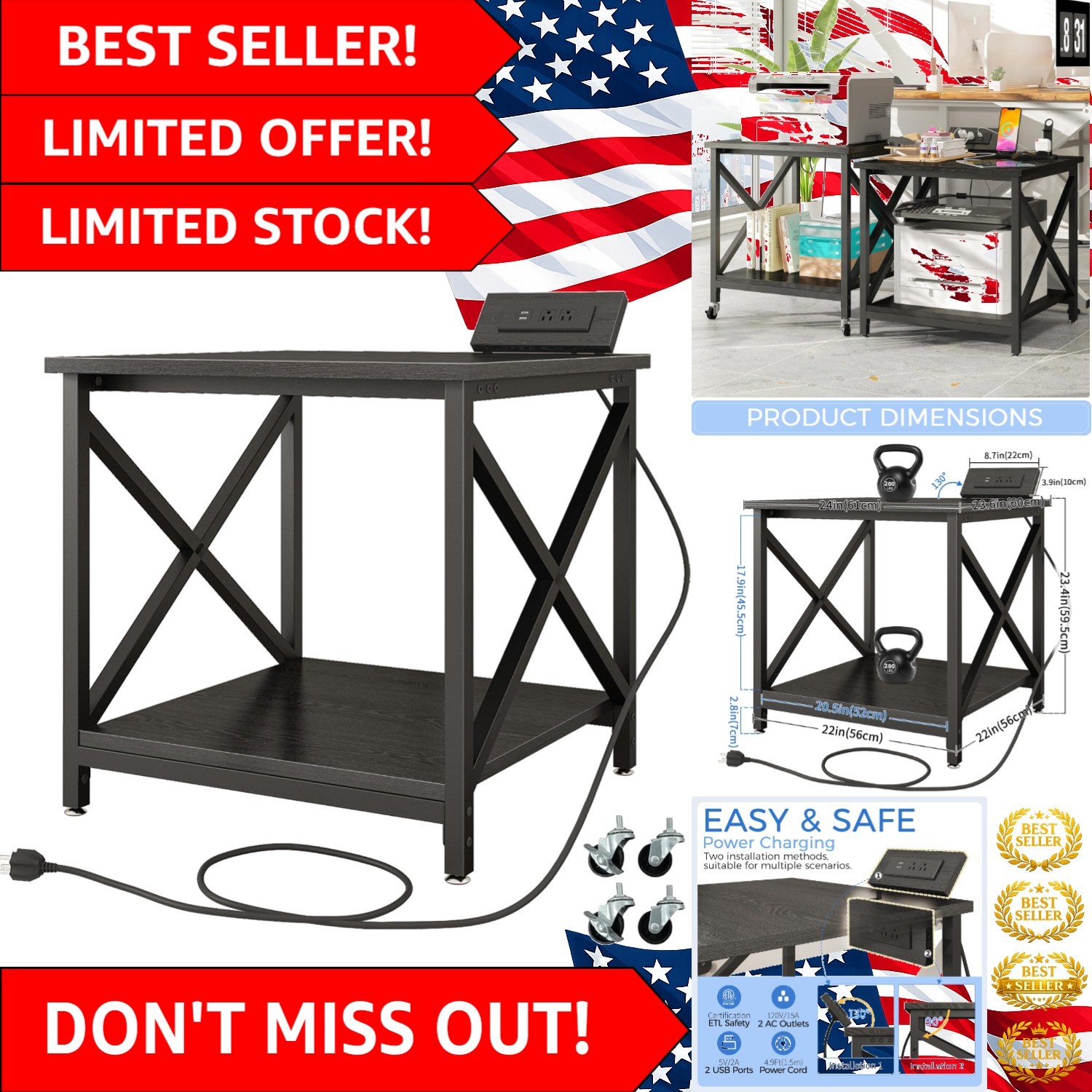 Heavy-Duty Multi-Functional Printer Table with Rolling Casters & Storage Shelf