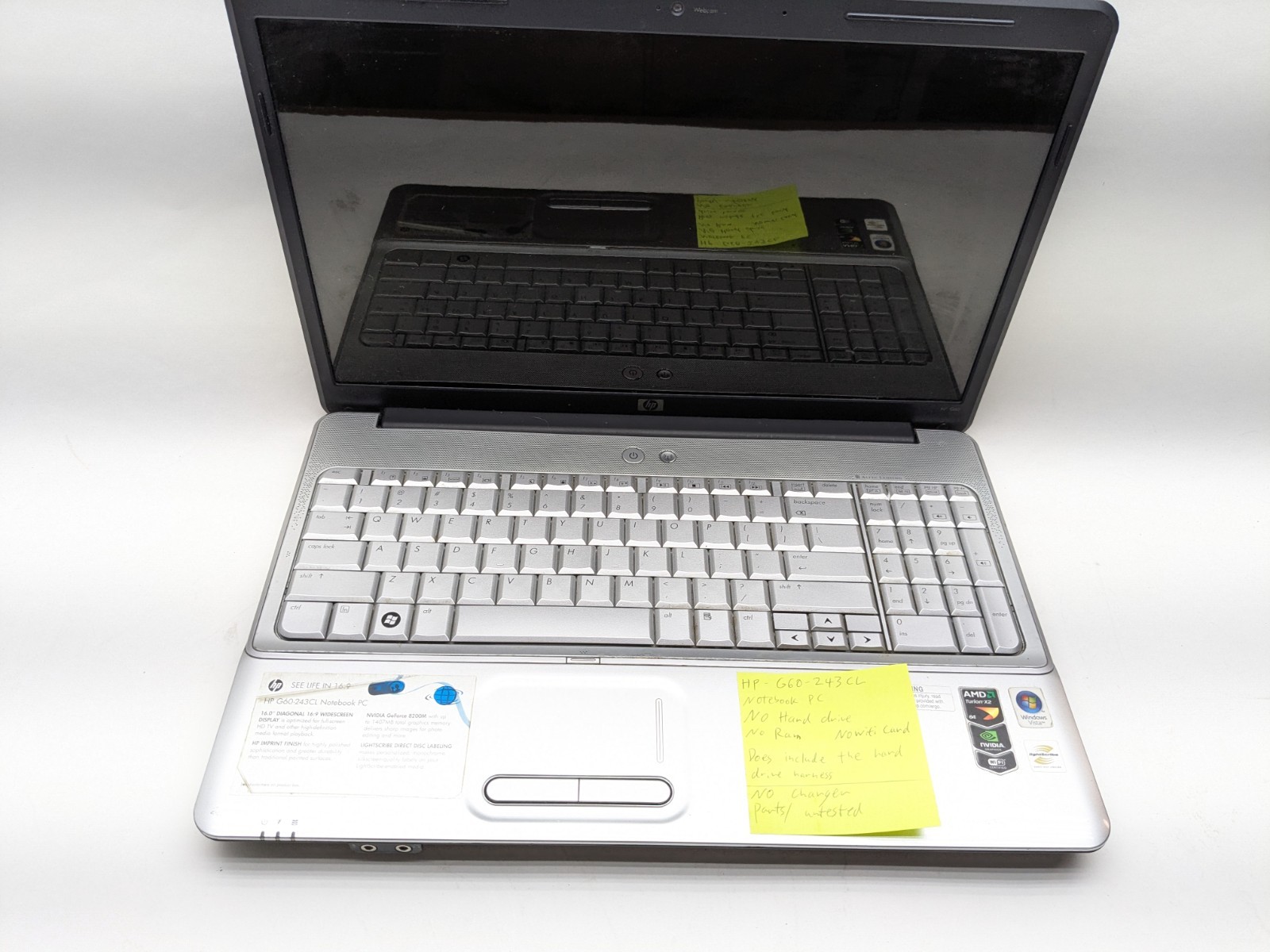 HP g60-243cl  Notebook Pc Laptop SILVER For Parts 16" Diagonal 