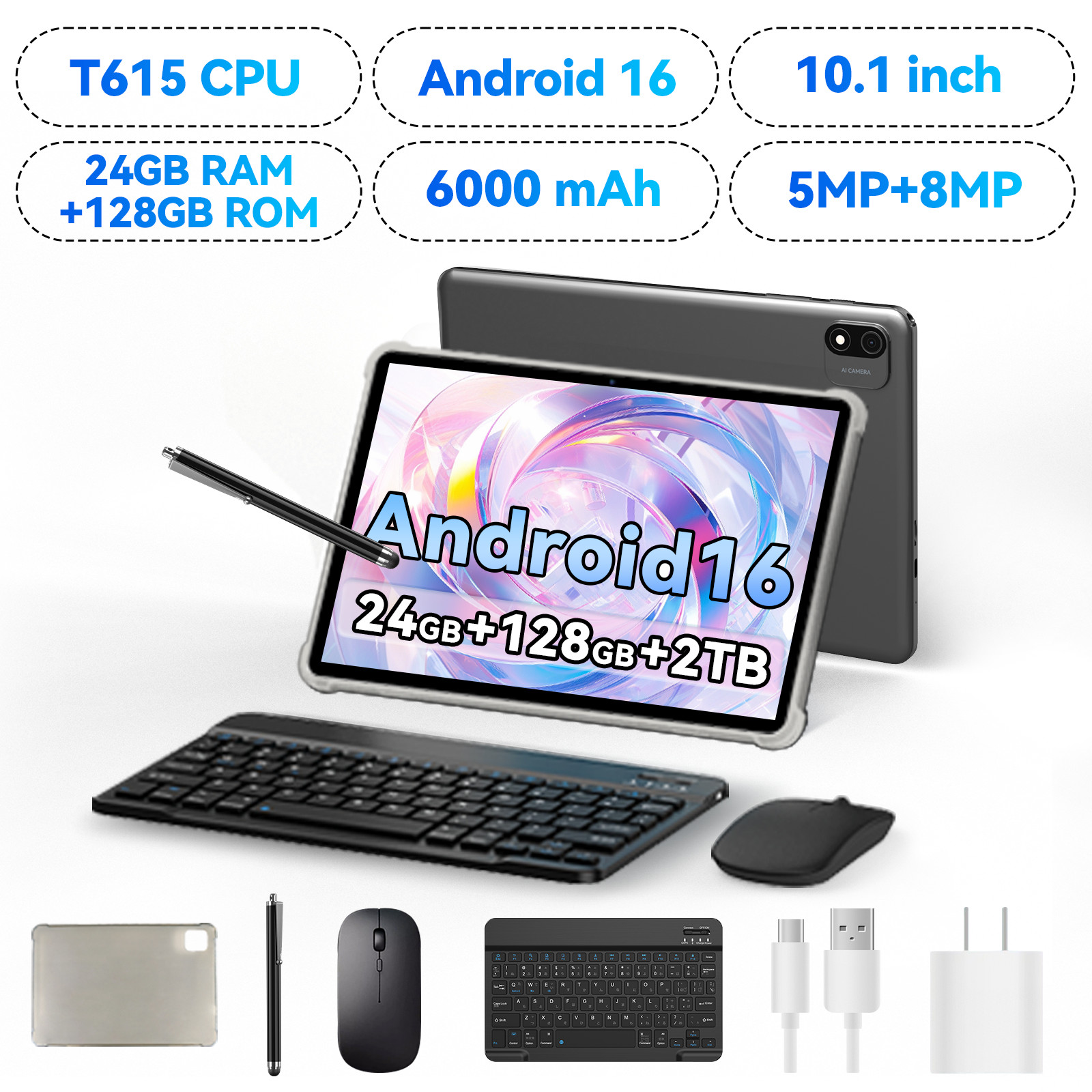 Headwolf Newest Android 16 WIFI tablet 10.1 Inch HD incell tablet 24GB RAM 128GB