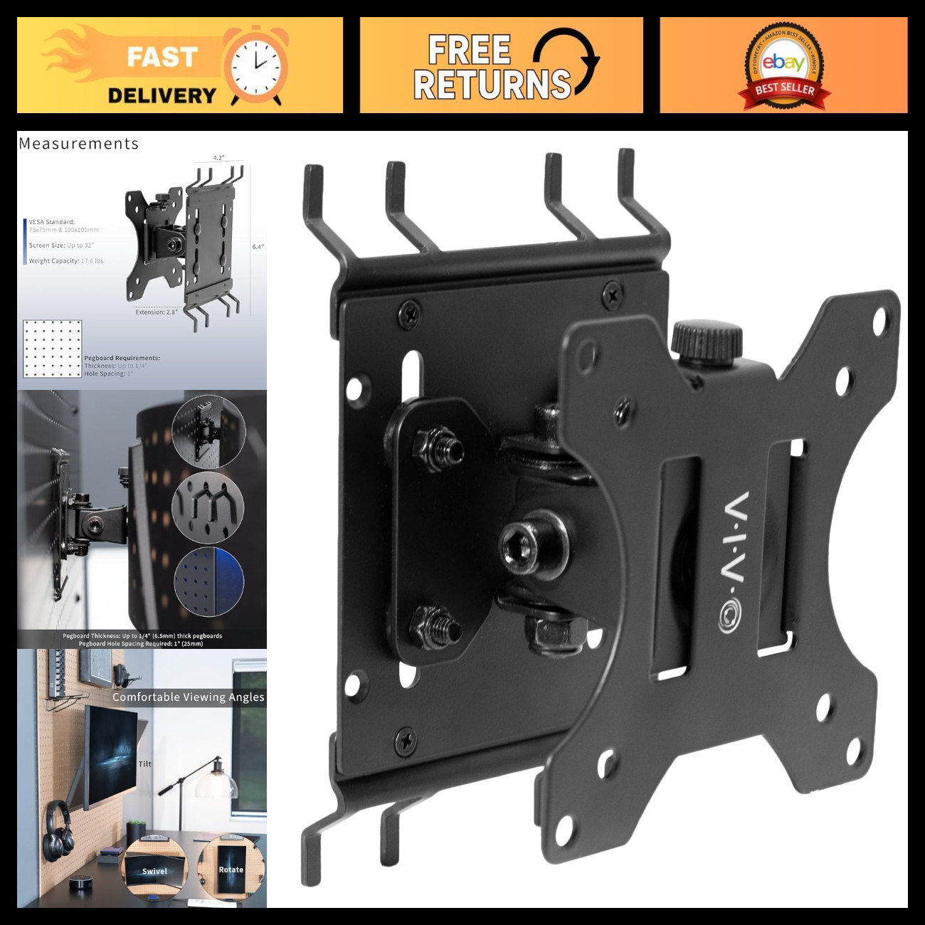 Adjustable Black Single Monitor Pegboard Mount for 32" Screens - Space-Saving De