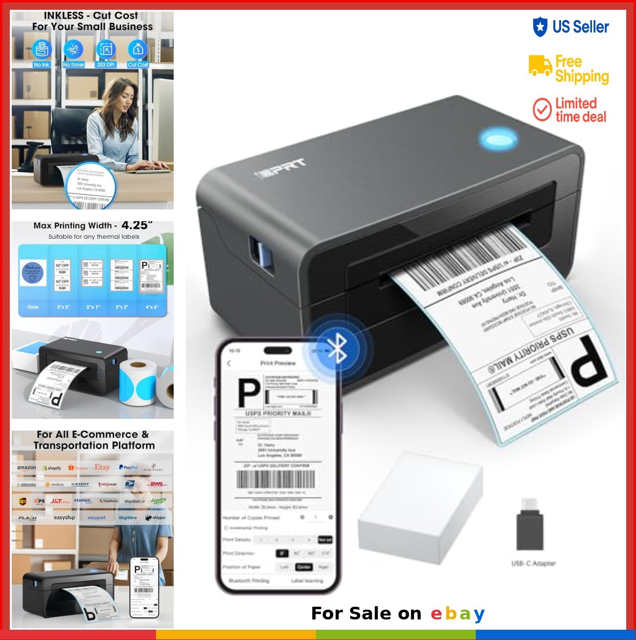Thermal Label Printer 4x6 Bluetooth USB Direct No Ink 203 DPI For Shipping