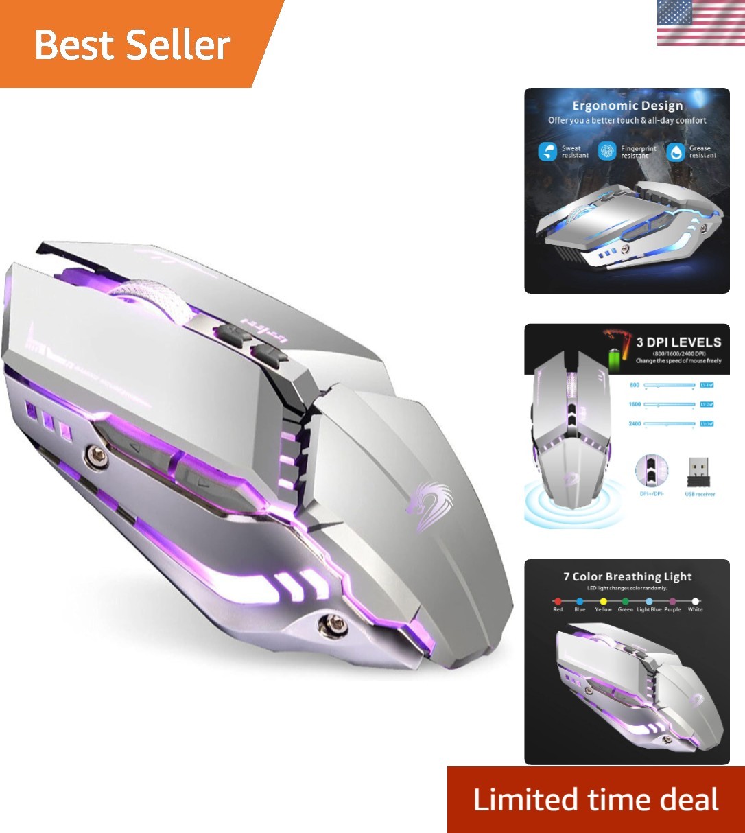 Silent Rechargeable Gaming Mouse - T12 Wireless with 7 Buttons & LED Effects