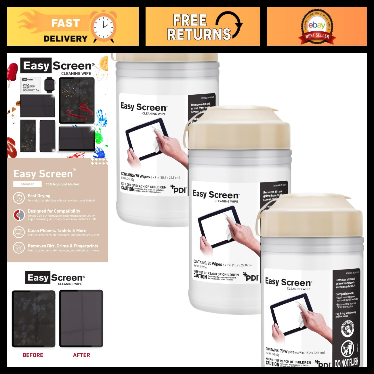 Large Screen Cleaning Wipes for Electronics - Laptops, Phones, TVs - 70 Wipes x
