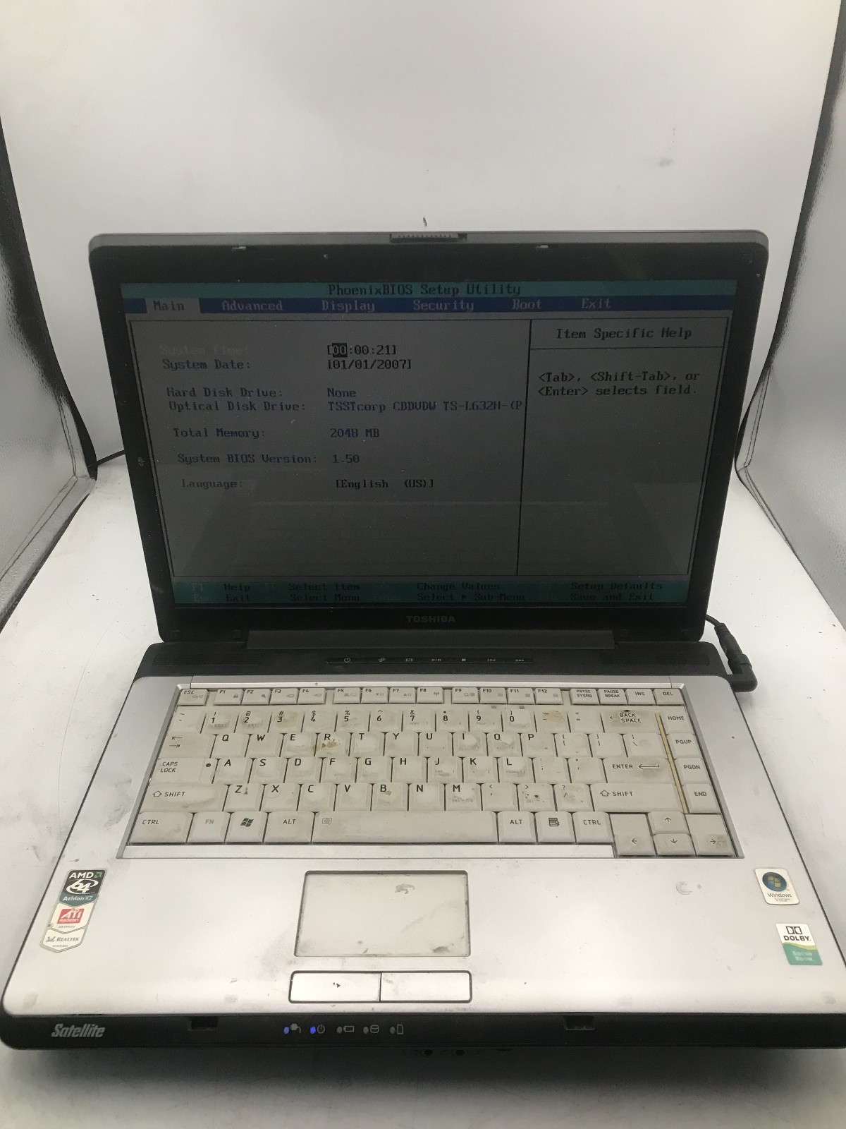 TOSHIBA SATELLITE A215 S5824 -BOOTS TO BIOS- AMD ATHLON 64 X2 - 2GB RAM -READ-BB