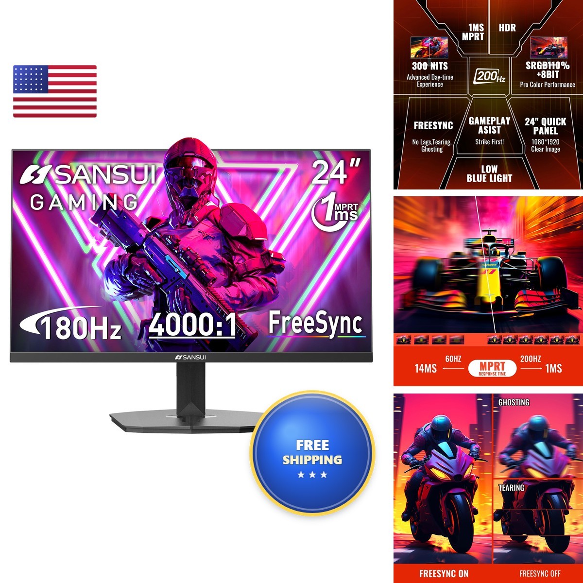 SANSUI ES-G24F4L 24 Inch Gaming Monitor 200Hz 1Ms FreeSync HDR 1080P FHD