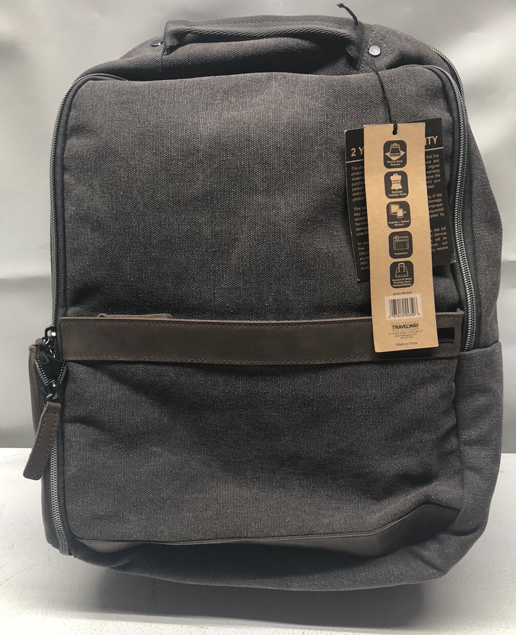 Renwick Canvas Backpack with Genuine Leather Trim, Gray,