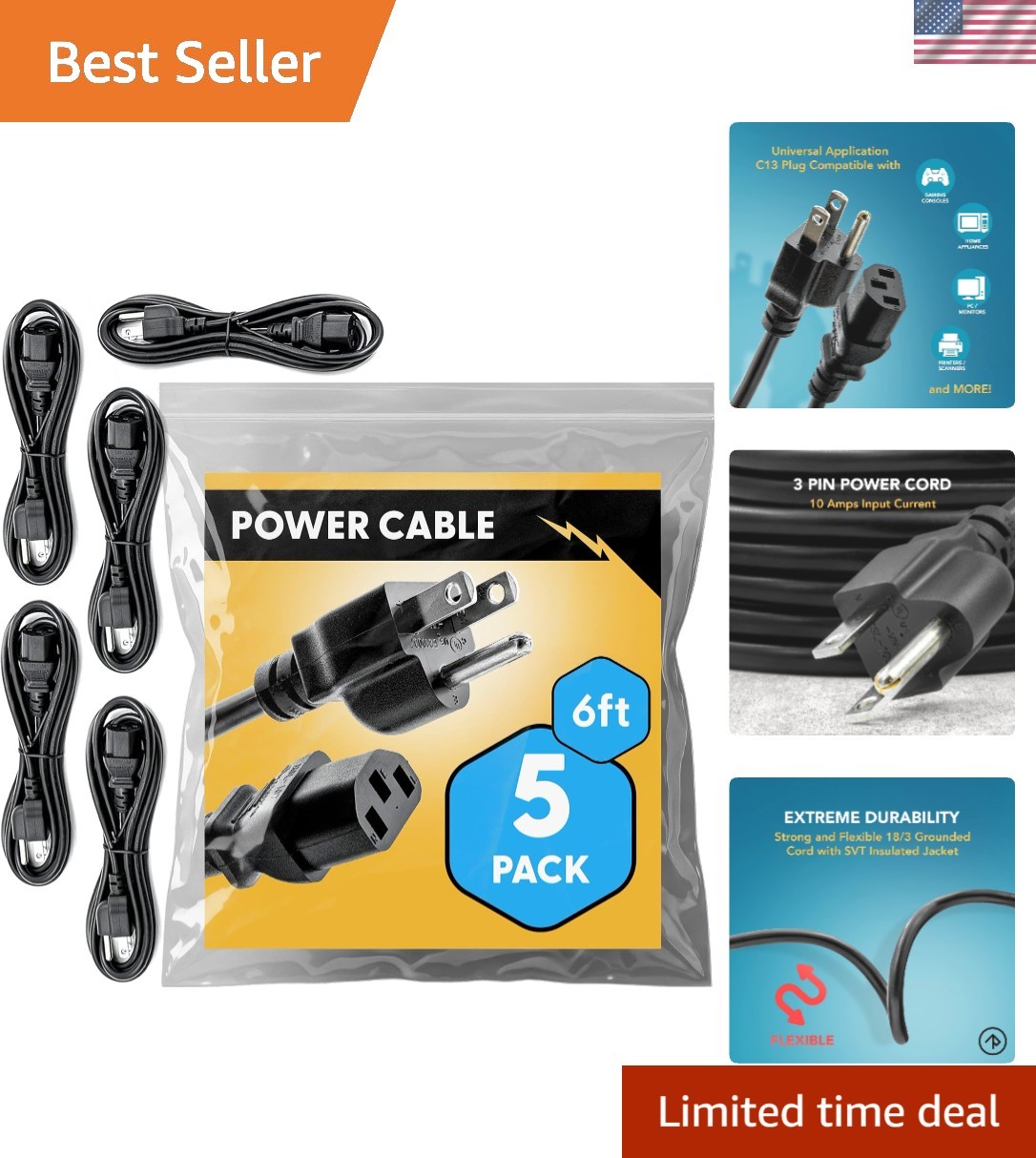 Approved 6ft Universal Power Cord 5 Pack - IEC C13 to NEMA 5-15P Computer Mon...