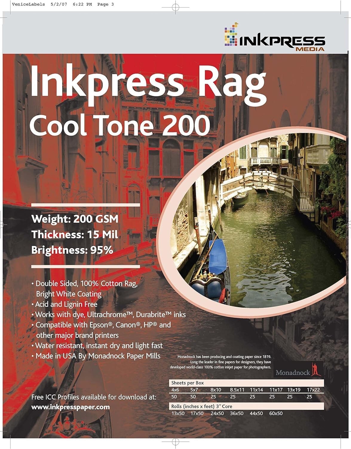 Inkpress Rag Cool Tone 200 Matte Fine Art Paper (11x14"), 25 Sheets Double-Sided