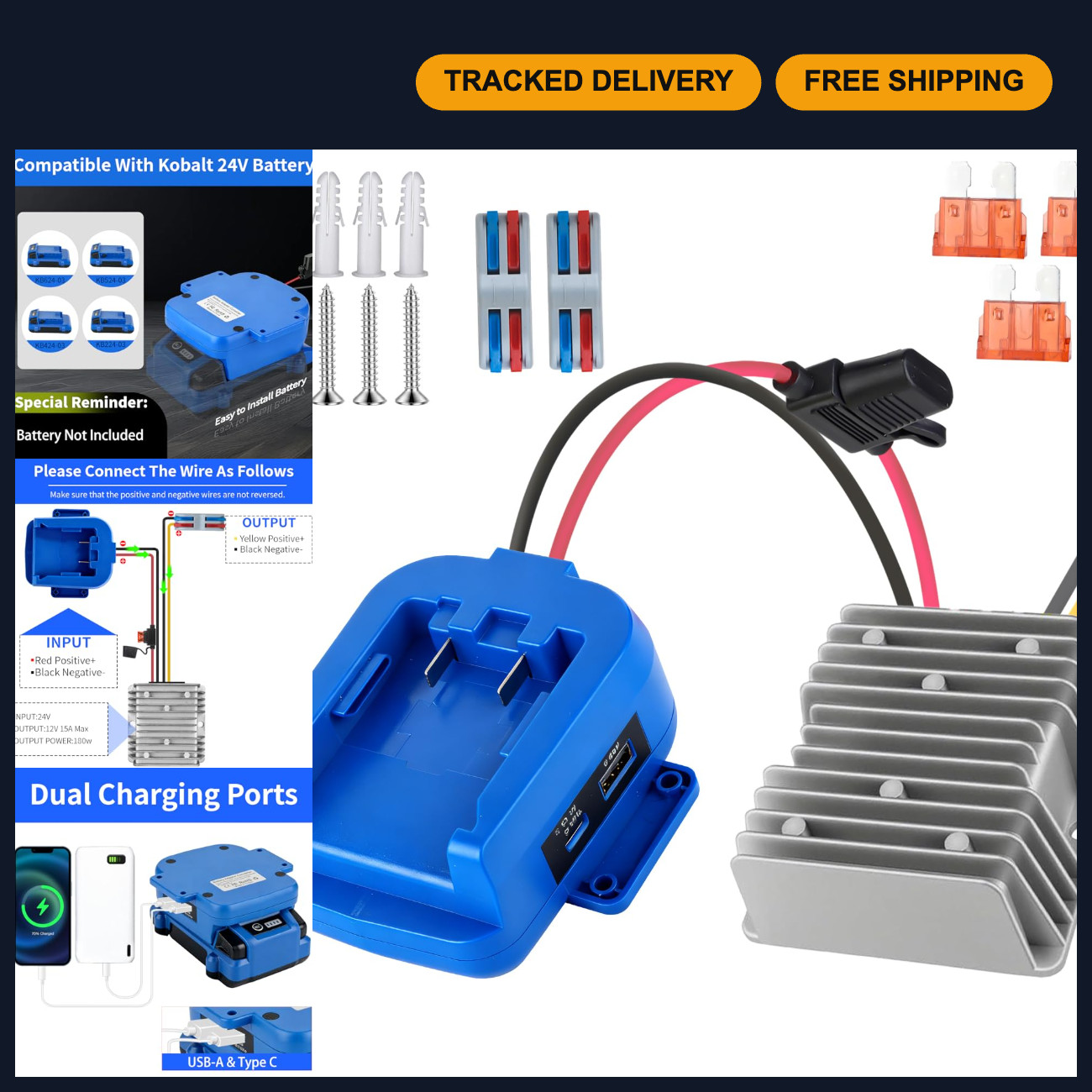 180W Power Battery Adapter for 24V to 12V, USB & Type C Charging, DIY RC Cars &