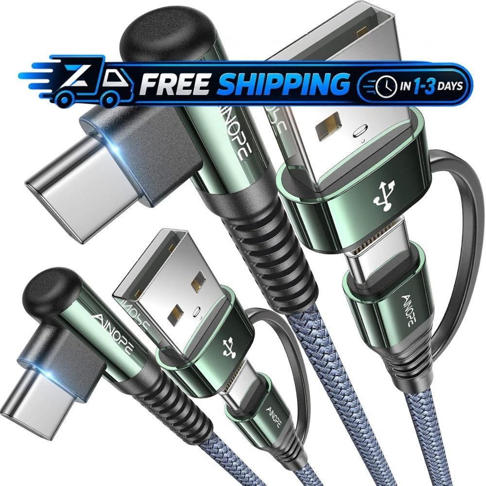 AINOPE E353 60W USB C Cable 2-Pack 6.6FT Right Angle with USB Adapter