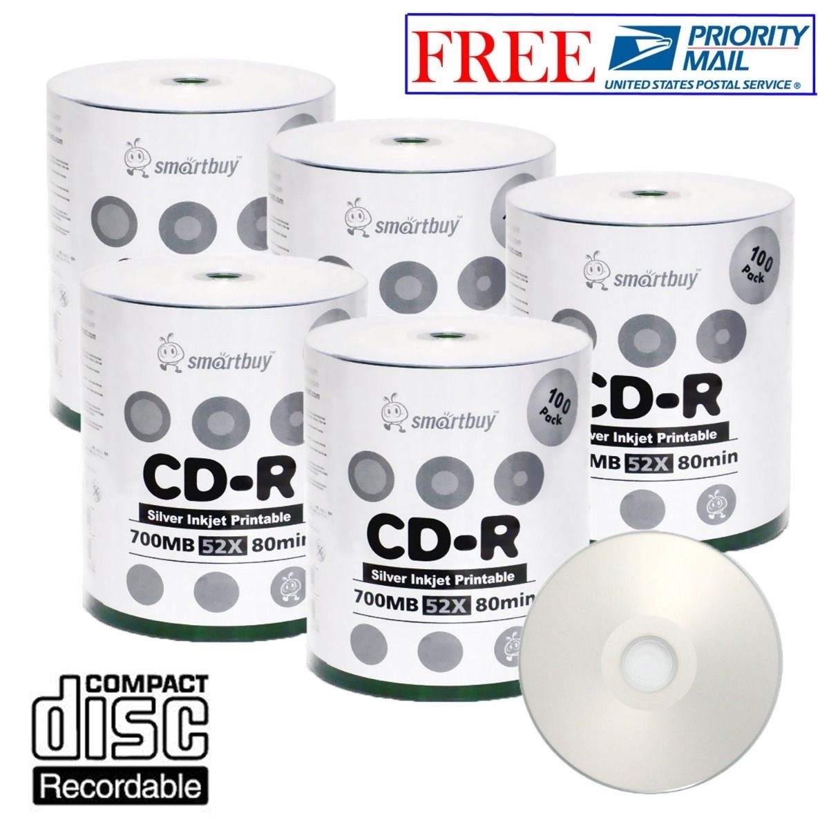 500 Pack Smartbuy 52X CD-R 700MB Silver Inkjet Hub Printable Disc Priority Mail