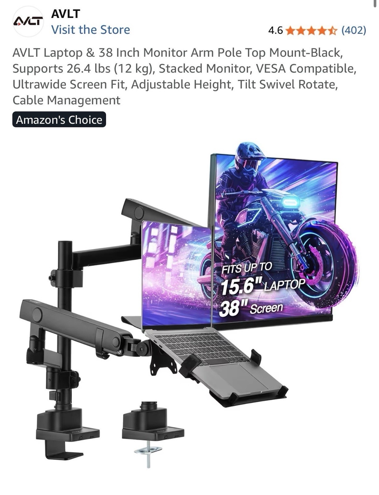 AVLT Laptop & 38 Inch Monitor Arm Pole Top Mount-Black