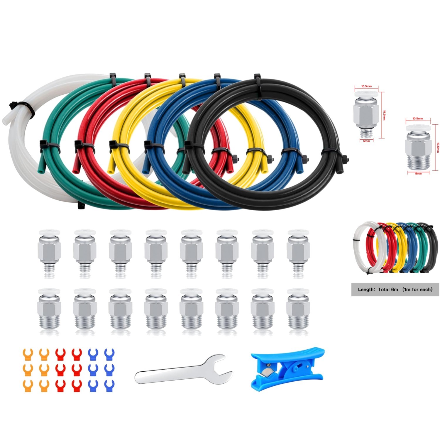 Versatile Bowden Tubing Kit, 6M PTFE with Cutter & Collet Clips for 3D Printers