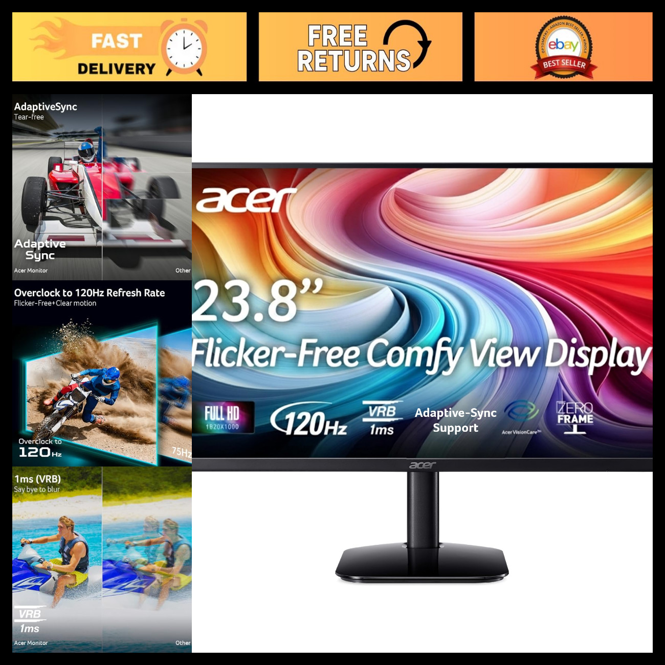 23.8" FHD 1920x1080 IPS Monitor, 120Hz Refresh Rate, Ideal for Office Use