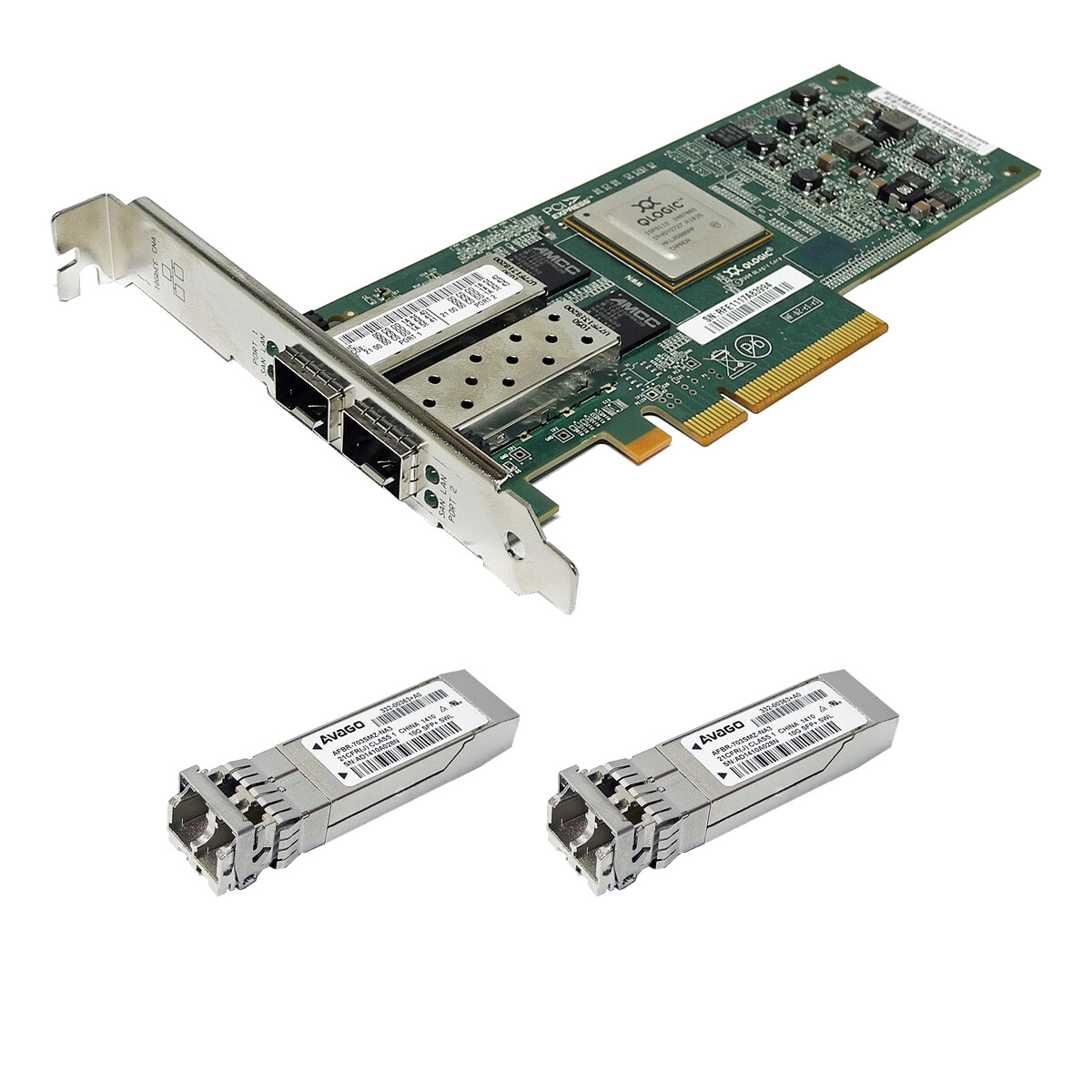 QLogic QLE8152 FC Dual Port 10Gb SFP+ PCIe x8 CNA 111-01006+A0 + 2x 10Gb SFP+