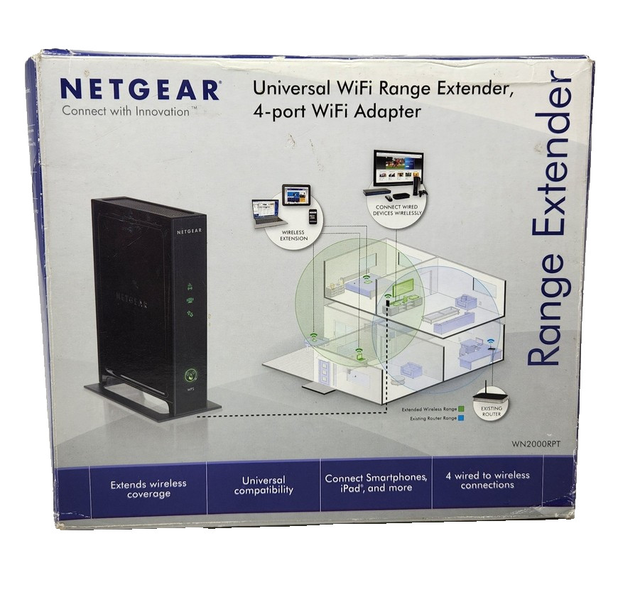 Netgear WN2000RPT Universal WiFi Range Extender 2.4GHz 4-Port Ethernet 177x130mm