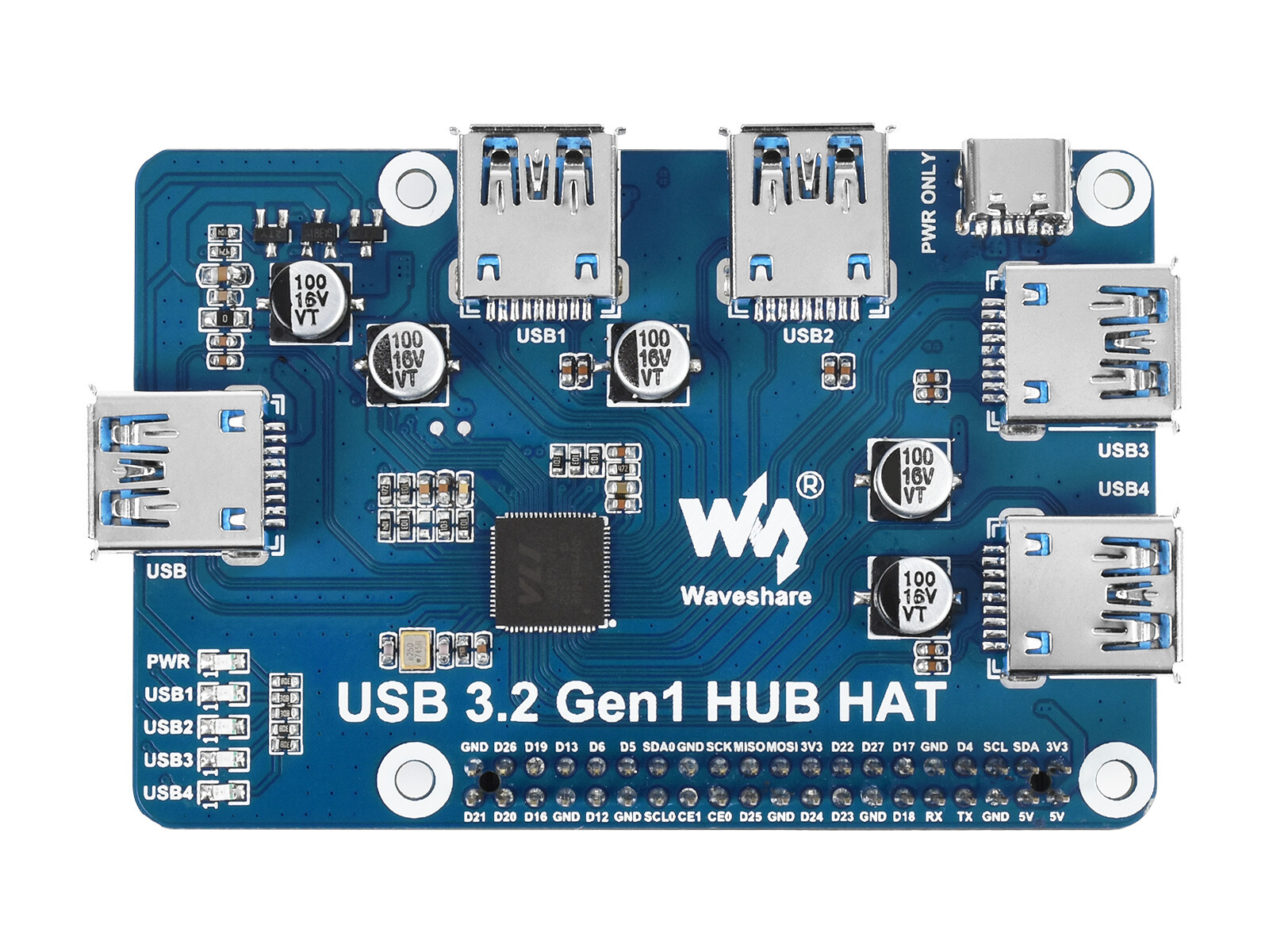 Waveshare USB 3.2 Gen1 expansion board Raspberry Pi HUB HAT driver-free 4-port
