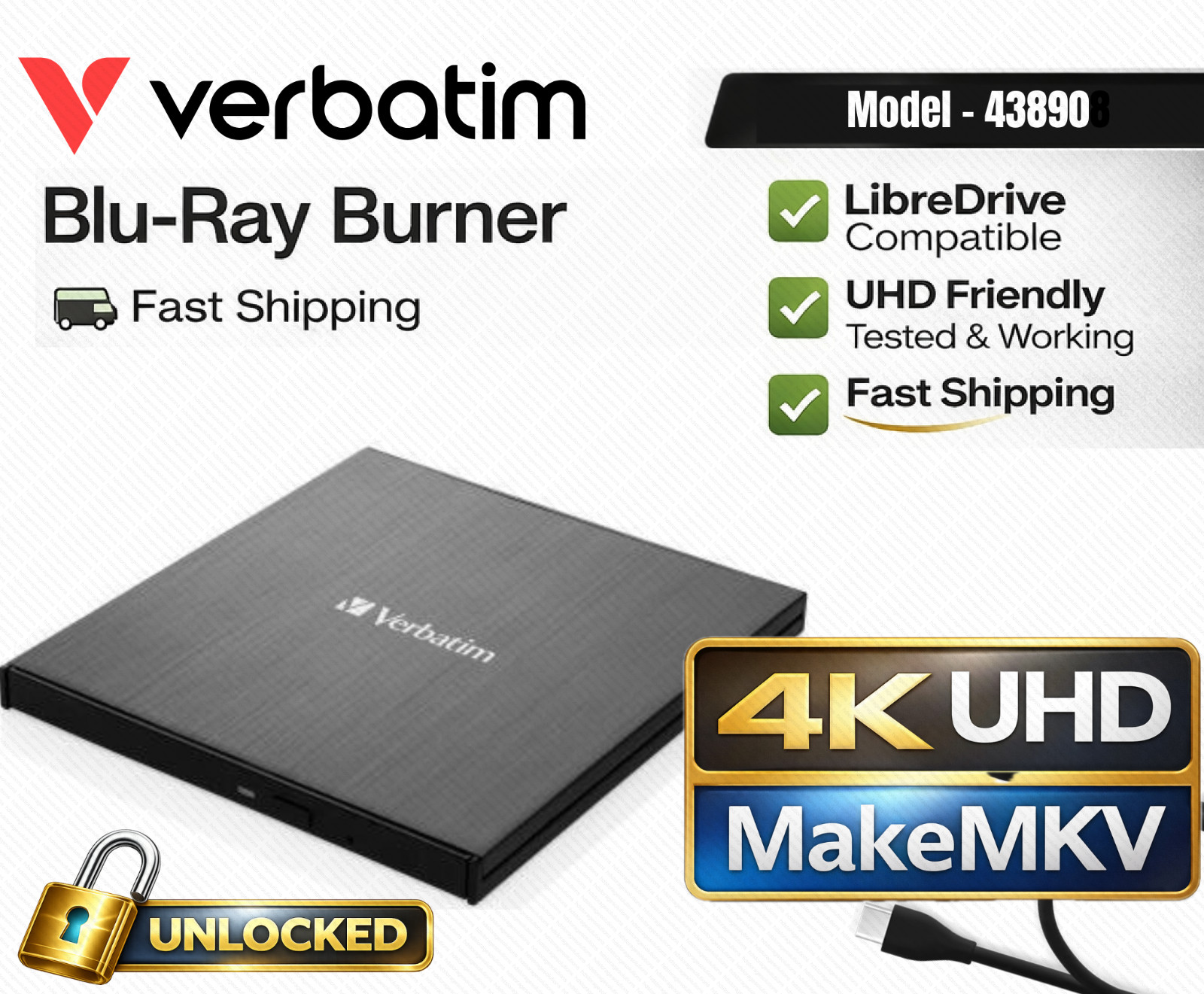 Verbatim 4K UHD Blu-Ray Burner Flashed UNLOCKED LibreDrive MakeMKV 43890 (LG)