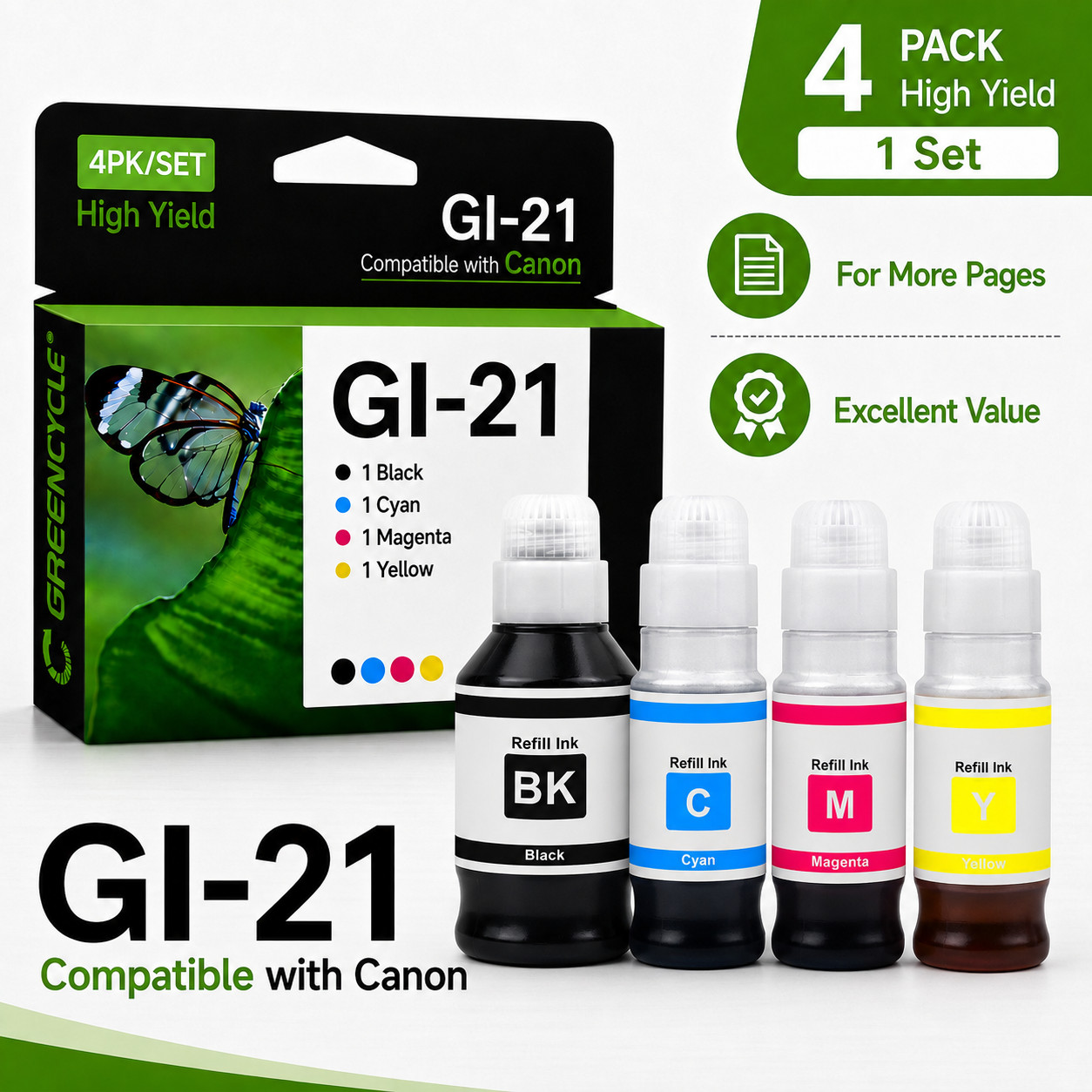 GI21 High Yield Ink Refill Bottles 1 Set 4PK for Canon G4280/G1220/G2260/G2270